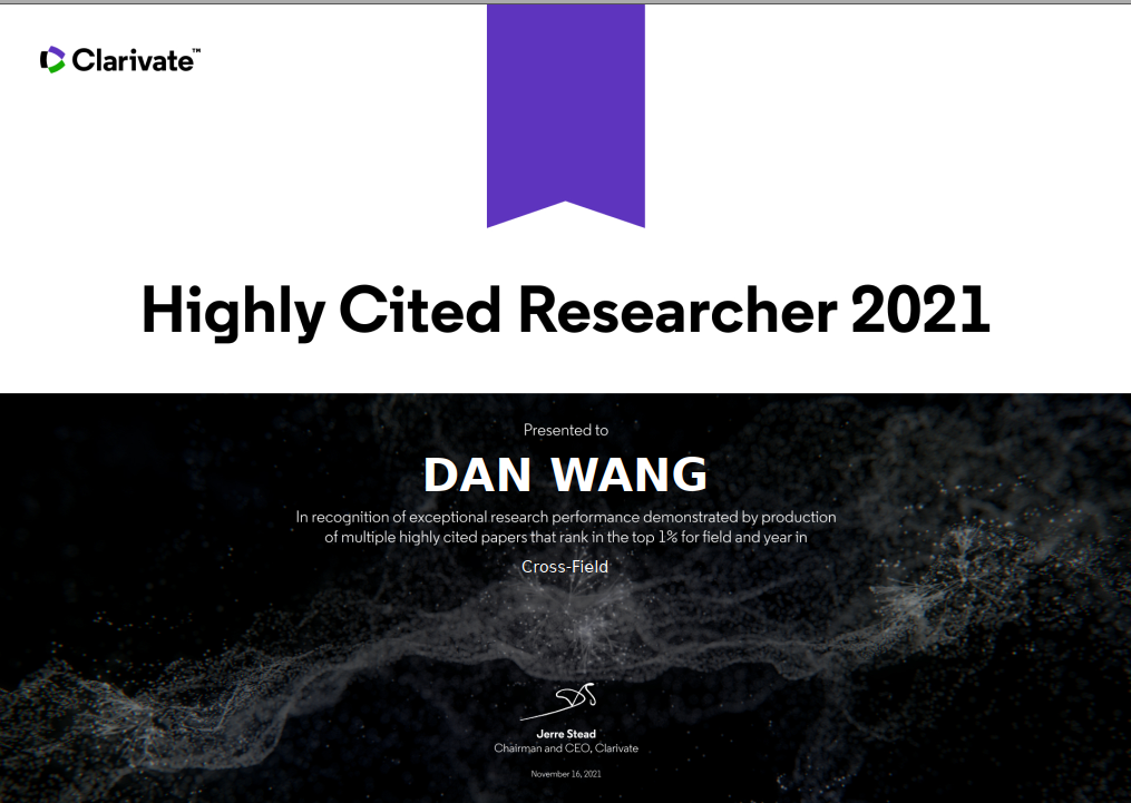 Prof. Dan Wang: Highly Cited Researchers (Clarivate) of 2021
