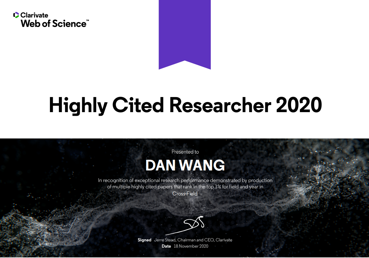 Prof. Dan Wang: Highly Cited Researchers (Clarivate) of 2020